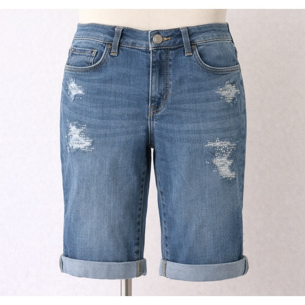 SO Mid-Length Denim Shorts Juniors 14 Mid Rise Distressed Sequin Patches Y2K
